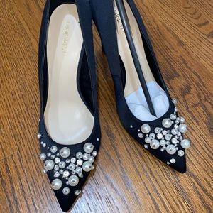 Black satin heels with pearl and diamond accents. Brand new.